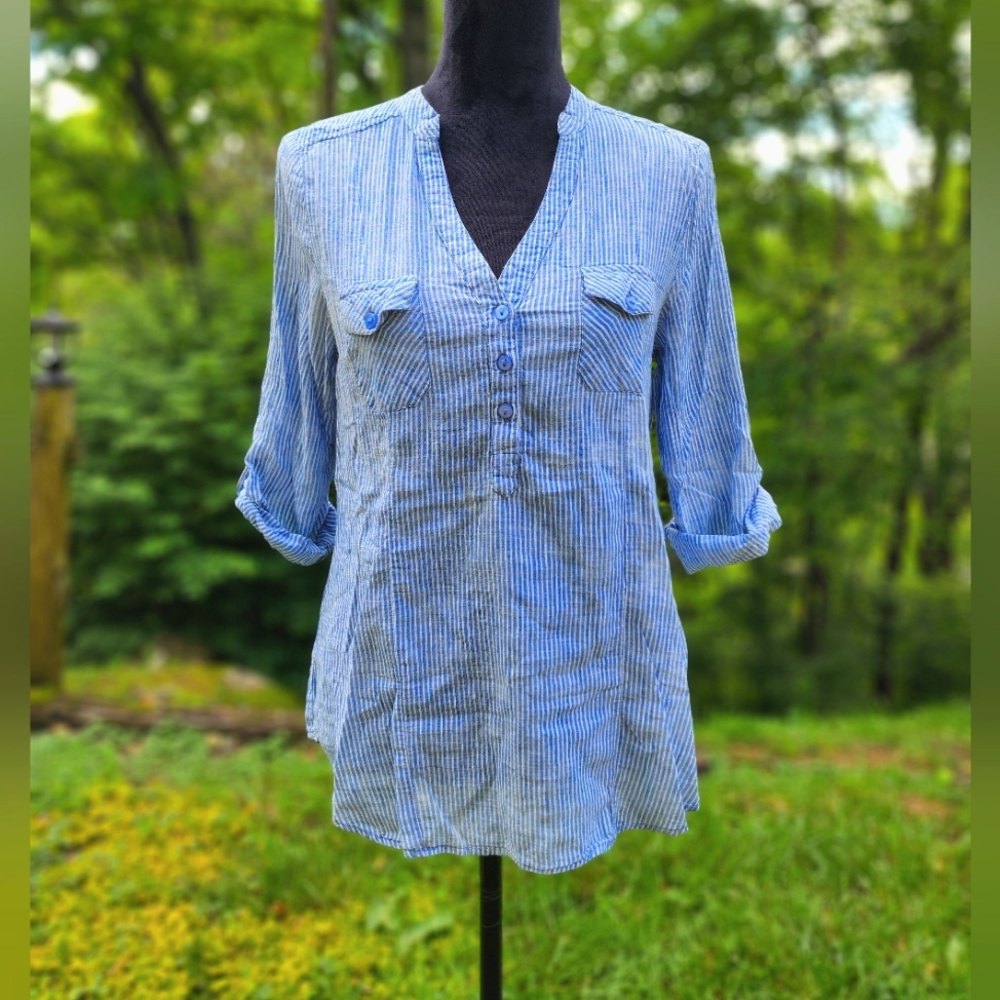 Women's Casual 100% Cotton Blue & White Striped Blouse Top